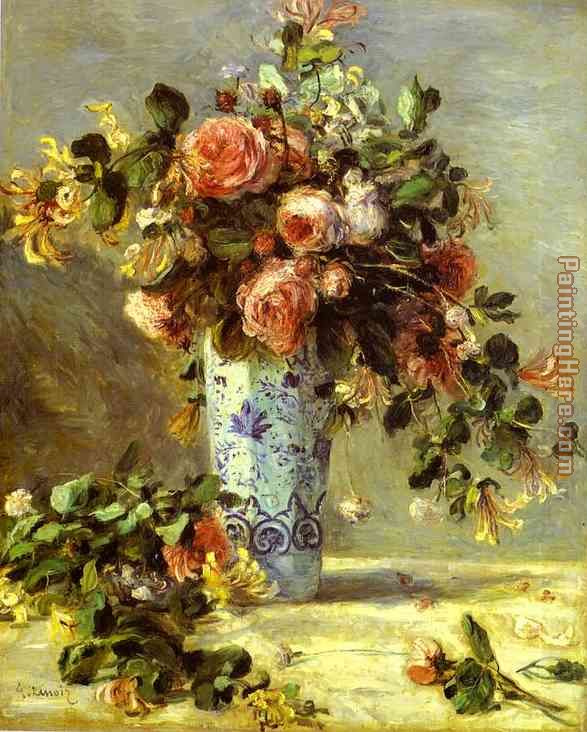 Roses and Jasmin in a Delft Vase painting - Pierre Auguste Renoir Roses and Jasmin in a Delft Vase art painting